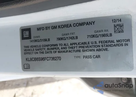 2015 Chevrolet Spark Ls Cvt z USA, uszkodzony, nr VIN KL8CB6S96FC736270